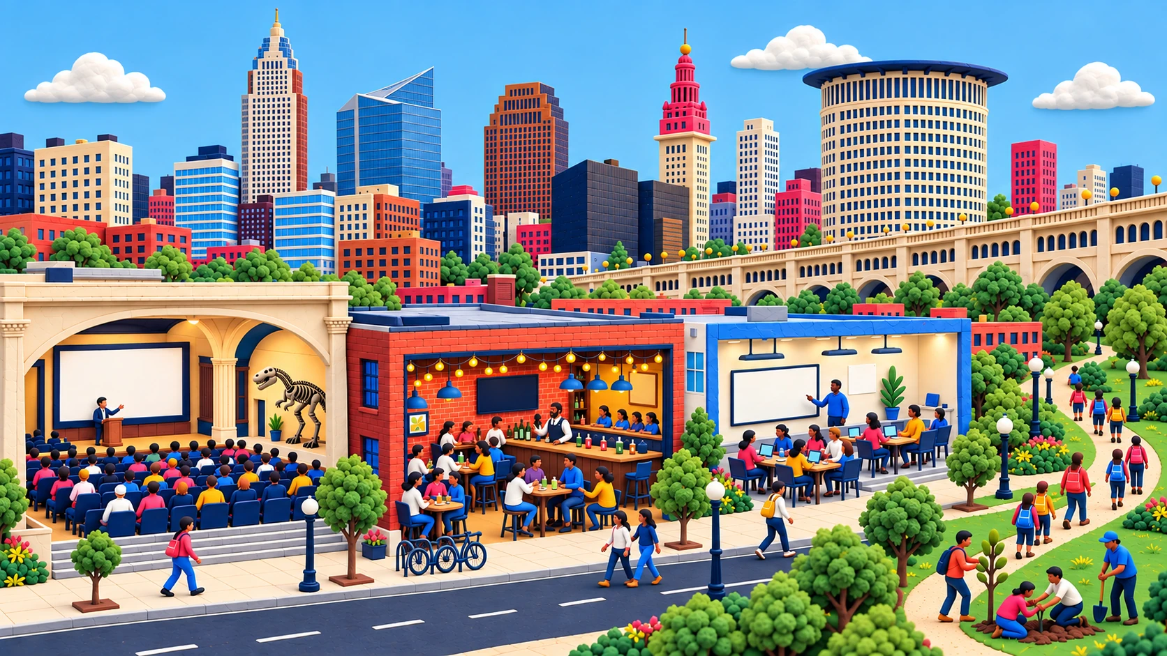 Illustration of Cleveland: the downtown skyline above a museum auditorium, the Happy Dog bar, a training room and a park trail, all busy with people.